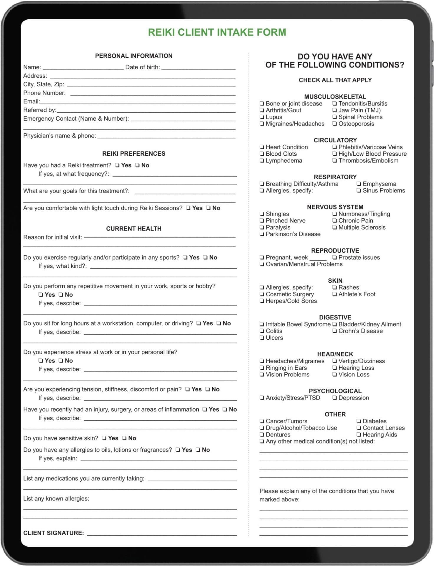 reiki client intake form
